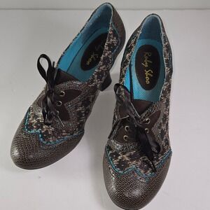 Ruby Shoo Women Brown Blue Lace Up Oxford Heels Shoes Size 7/ 40 Brocade Print